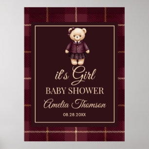 burgundy Polo Teddy Bear Preppy Plaid Baby Shower  Poster
