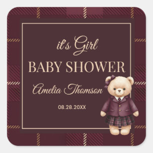 burgundy Polo Teddy Bear Preppy Plaid Baby Shower  Square Sticker