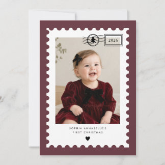 Burgundy Postage Stamp Baby's 1st Christmas Photo Holiday Card
