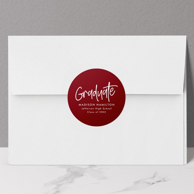 Burgundy Preppy Script Graduation Classic Round Sticker (Creator Uploaded)