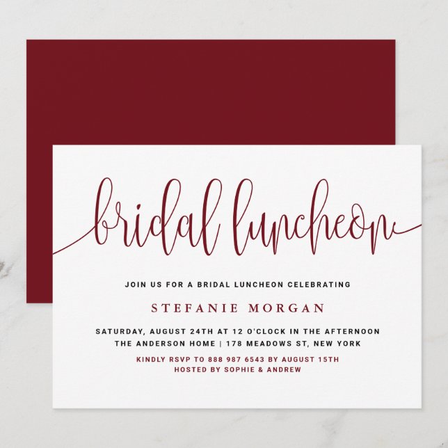 Burgundy Pretty Calligraphy Bridal Luncheon Invitation (Front/Back)
