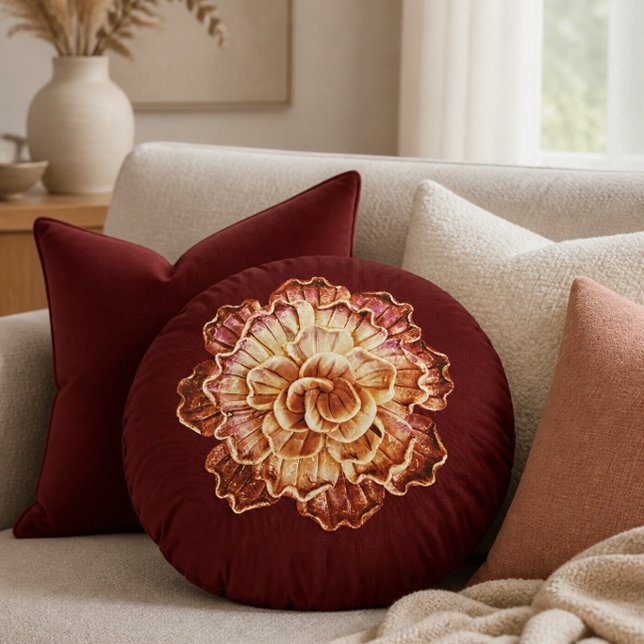 Burgundy (Primary) & Cream Rosette Elegance Round  Cushion (Creator Uploaded)