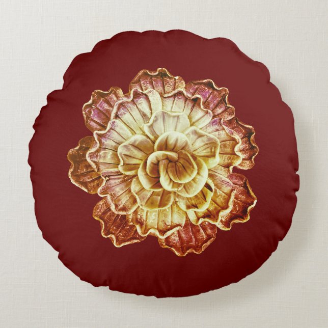 Burgundy (Primary) & Cream Rosette Elegance Round  Round Cushion (Front)