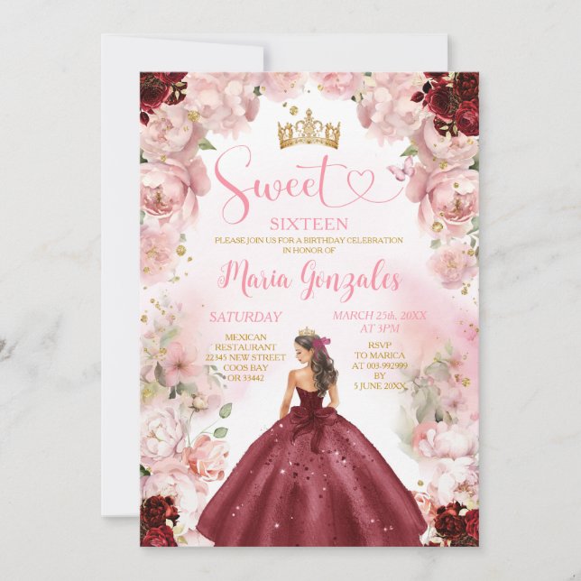 Burgundy Princess Dress Pink Floral Sweet Sixteen Invitation (Front)