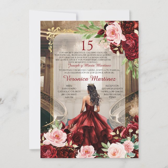Burgundy Princess Palace Dress Pink Floral 15 Años Invitation (Front)
