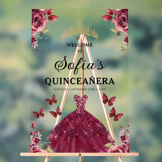 Burgundy Princess Quinceañera Birthday Welcome  Acrylic Sign (Neutral)