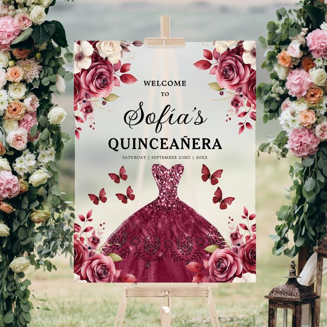 Burgundy Princess Quinceañera Birthday Welcome  Acrylic Sign (Creator Uploaded)
