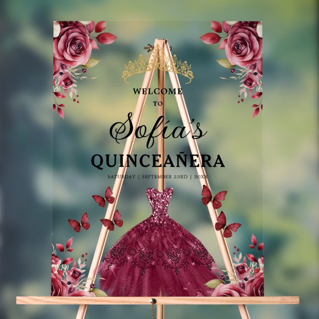 Burgundy Princess Quinceañera Birthday Welcome  Acrylic Sign (Neutral)