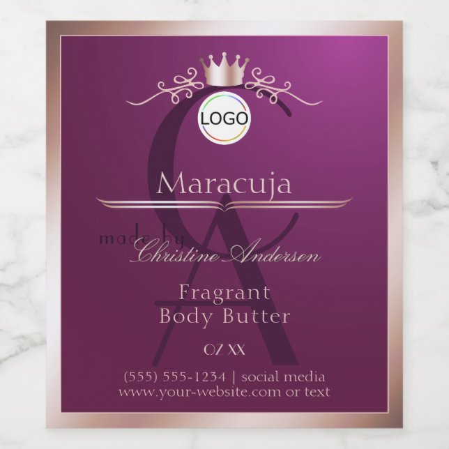 Burgundy Product Label Rose Gold Frame Monogram (Single Label)