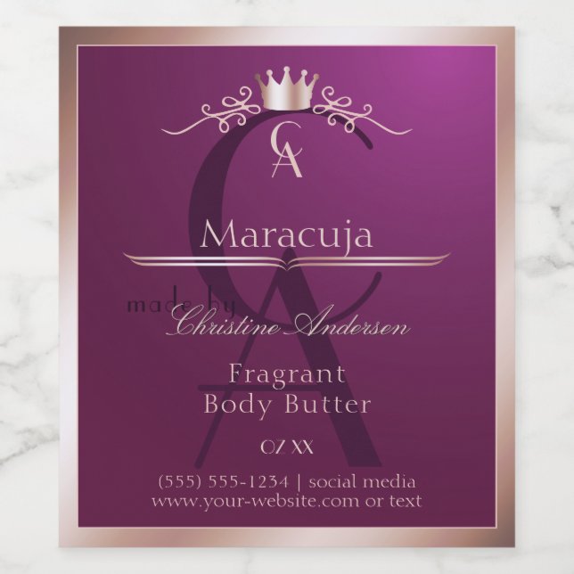 Burgundy Product Label Rose Gold Frame Monogram (Single Label)