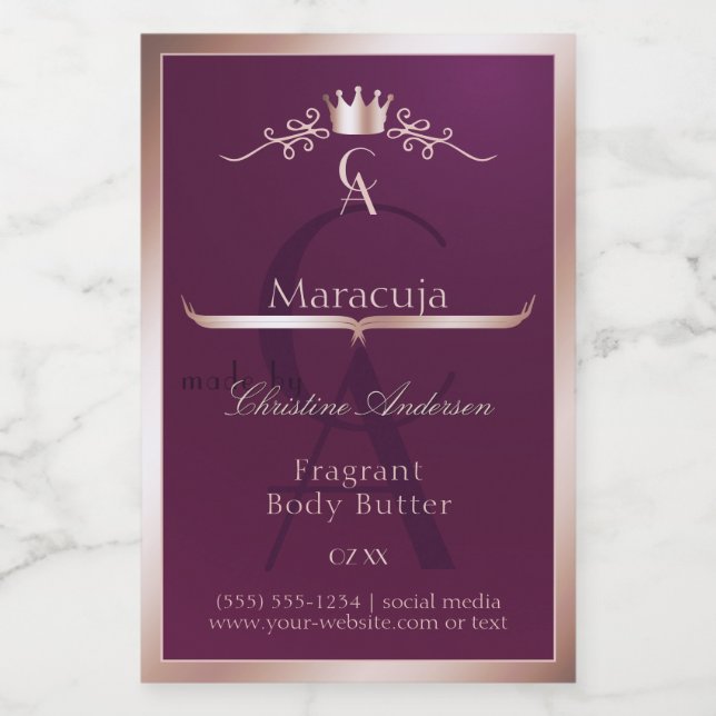 Burgundy Product Label Rose Gold Frame Monogram (Single Label)
