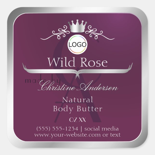 Burgundy Product Label Silver Frame Logo Monogram (Front)