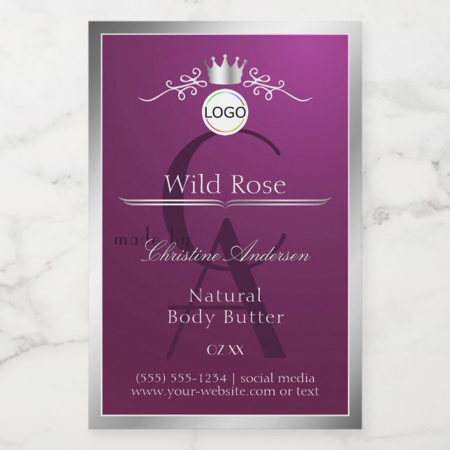 Burgundy Product Label Silver Frame Logo Monogram (Single Label)