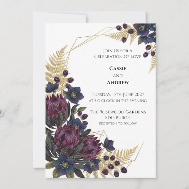 Burgundy Protea Blackberry Wedding Invitation (Front)