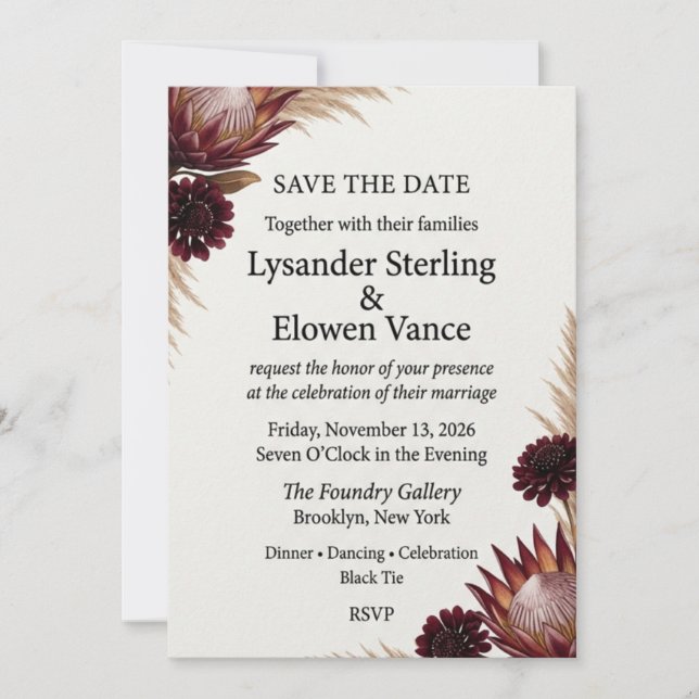 Burgundy Protea & Pampas Grass Save the Date Card (Front)