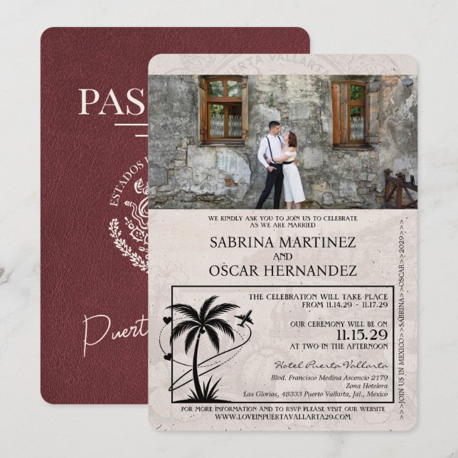 Burgundy Puerta Vallarta Passport Wedding Invitation (Front/Back)
