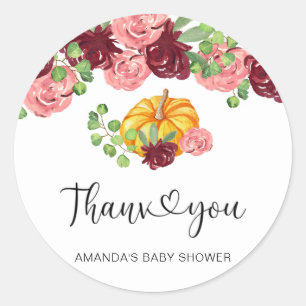 Burgundy pumpkin baby shower, thank you classic round sticker