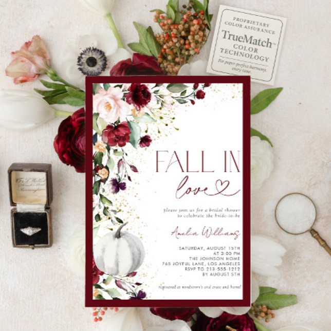Burgundy Pumpkin Fall in Love Gold Floral Invitation (Creator Uploaded)
