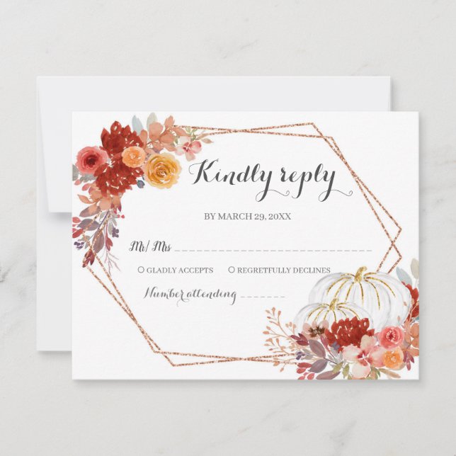 Burgundy Pumpkin Fall in Love Wedding RSVP card (Front)