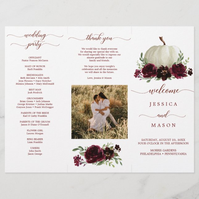 Burgundy Pumpkin Fall Tri-Fold Wedding Program Flyer (Front)