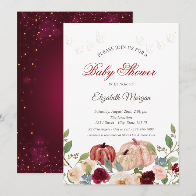 Burgundy Pumpkin,Lights,Floral Baby Shower Invitation (Front/Back)