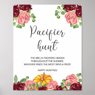 Burgundy pumpkin pacifier hunt baby shower game poster