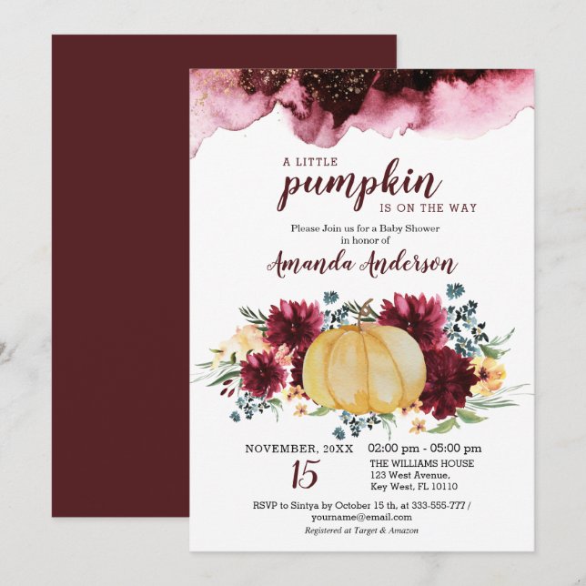Burgundy Pumpkin Rustic Baby Shower Invitation (Front/Back)