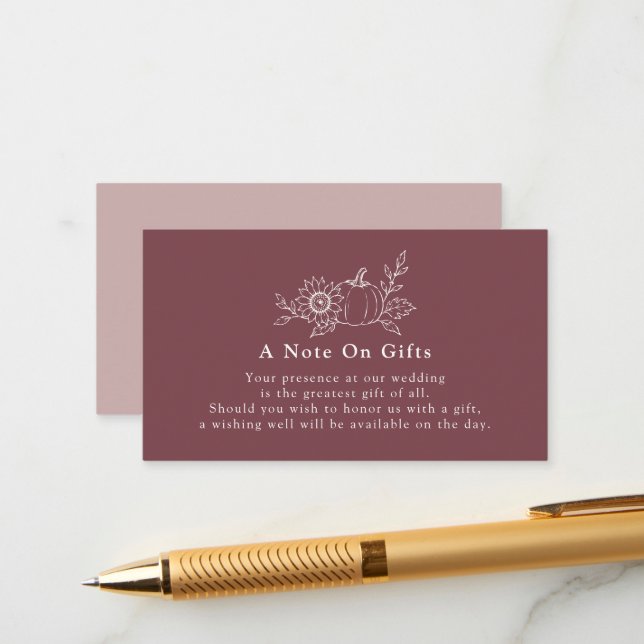 Burgundy Pumpkin Sunflower Wedding Gift Note Card (Front/Back In Situ)