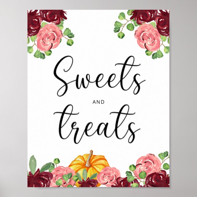 Burgundy pumpkin sweets and treats baby shower poster (Front)