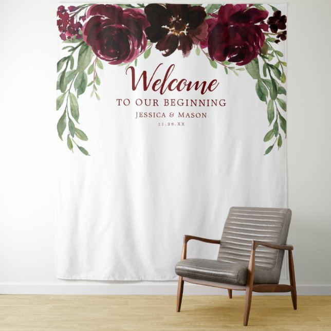Burgundy Pumpkin Wedding Backdrop Photo Booth Tapestry (In Situ)