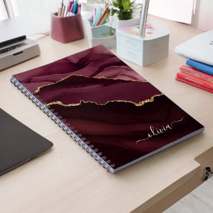 Burgundy Purple Agate Geode Gold Monogram Notebook
