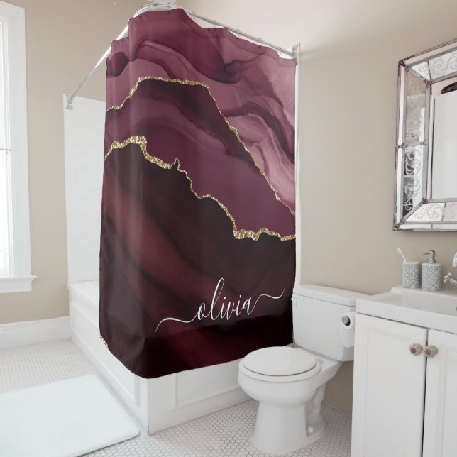 Burgundy Purple Agate Geode Gold Monogram Shower Curtain (In Situ)