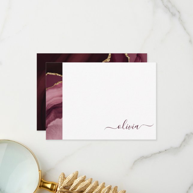 Burgundy Purple Agate Geode Gold Monogram Thank You Card (Front/Back In Situ)