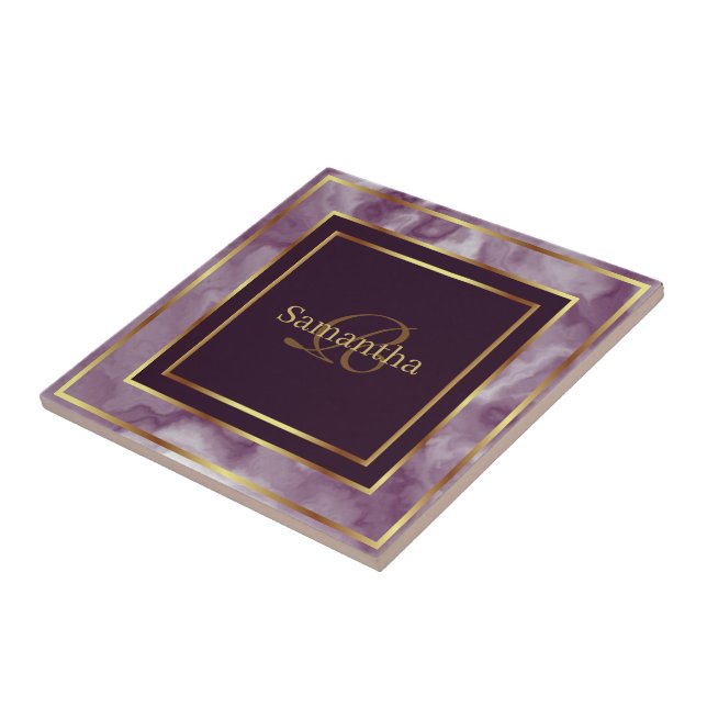 Burgundy Purple And Gold Geometric Marble Tile (Side)