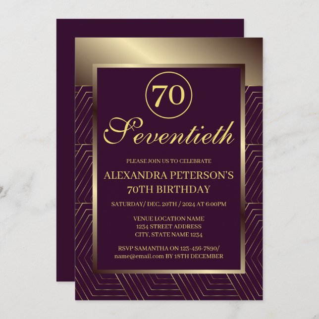 Burgundy Purple And Gold Patterned Border Birthday Invitation (Front/Back)