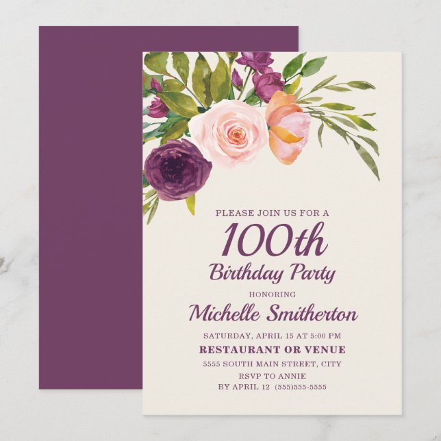 Burgundy Purple Blush Pink Floral 100th Birthday Card (Front/Back)