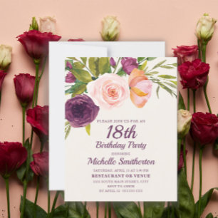 Burgundy Purple Blush Pink Floral 18th Birthday Card