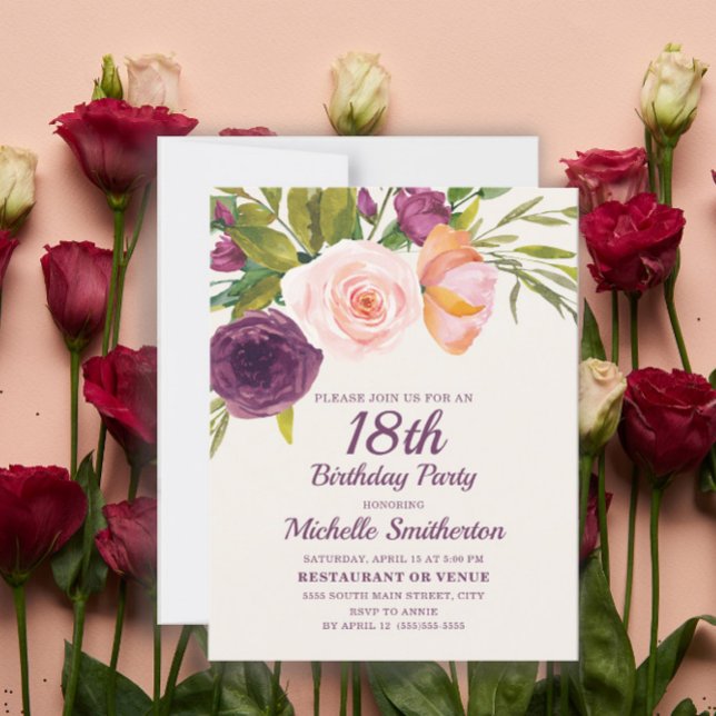 Burgundy Purple Blush Pink Floral 18th Birthday Card (Creator Uploaded)