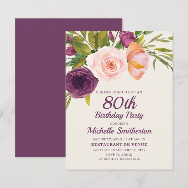 Burgundy Purple Blush Pink Floral 80th Birthday Card (Front/Back)