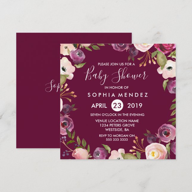 Burgundy Purple Botanical Floral Baby Shower Invitation (Front/Back)