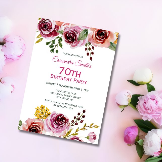 Burgundy Purple Brown Rose Rustic Floral Birthday  Invitation (Creator Uploaded)