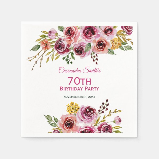 Burgundy Purple Brown Rose Rustic Floral Birthday  Napkin (Front)