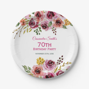 Burgundy Purple Brown Rose Rustic Floral Birthday Paper Plate