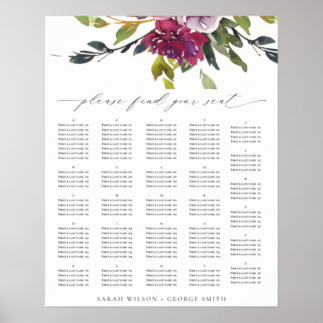 Burgundy Purple Floral Alphabetical Seating Chart (Front)