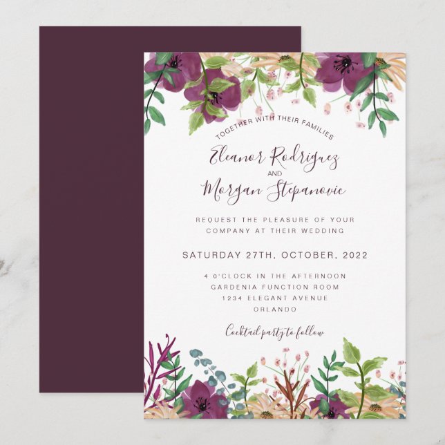 Burgundy purple floral border script wedding invitation (Front/Back)