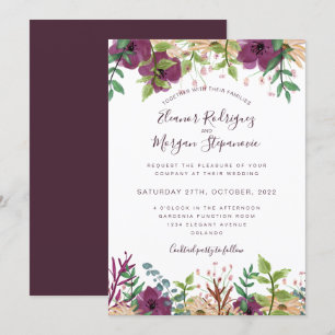 Burgundy purple floral border script wedding invitation