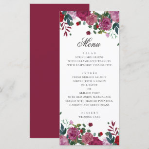Burgundy purple floral garden wedding. Plum roses Menu