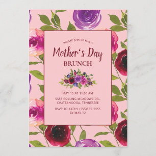 Burgundy Purple Floral on Pink Mother's Day Invitation