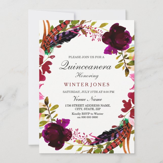 Burgundy Purple Floral Wreath Quinceanera Invite (Front)