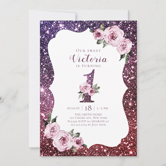 Burgundy purple glitter and floral 1st birthday invitation (Front)